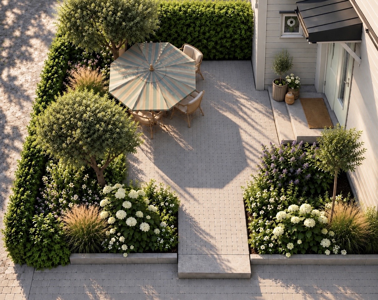 Close-up view of modern residential landscape design featuring dense green hedges, cascading plants, natural stone wall and vertical wooden slat fence.3d render